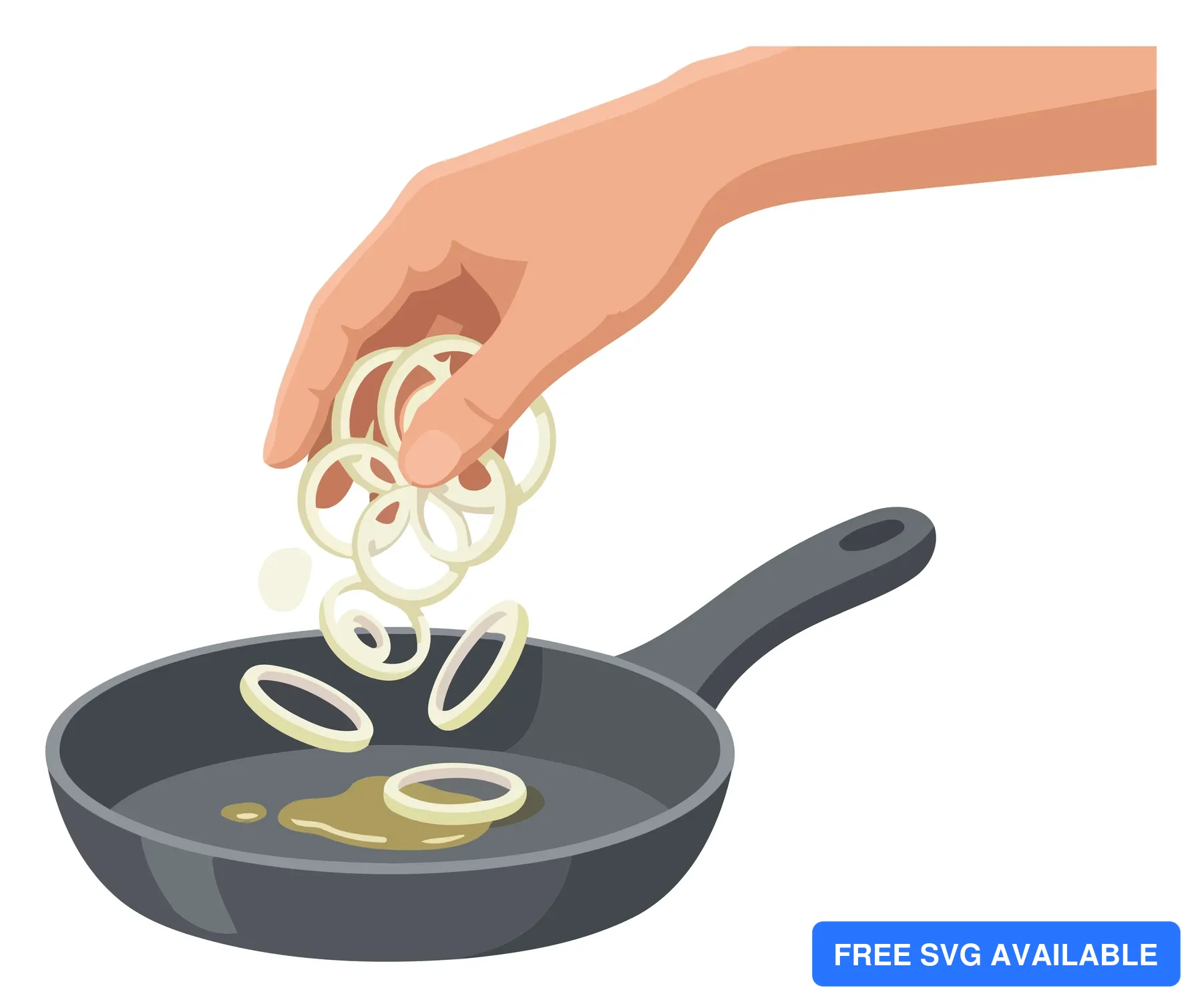 A stylized illustration of a hand pouring caramelized onions into a pan
