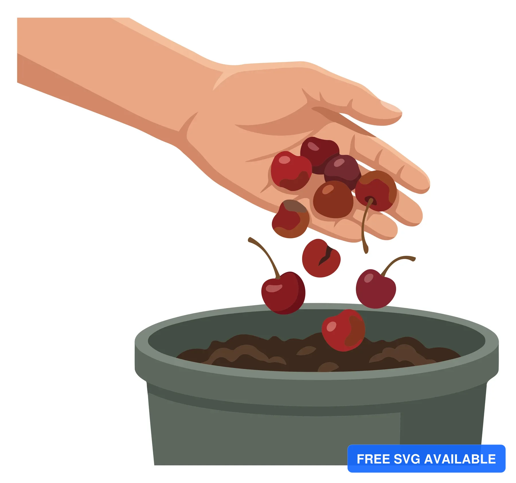 A hand releases cherries into a green pot with soil