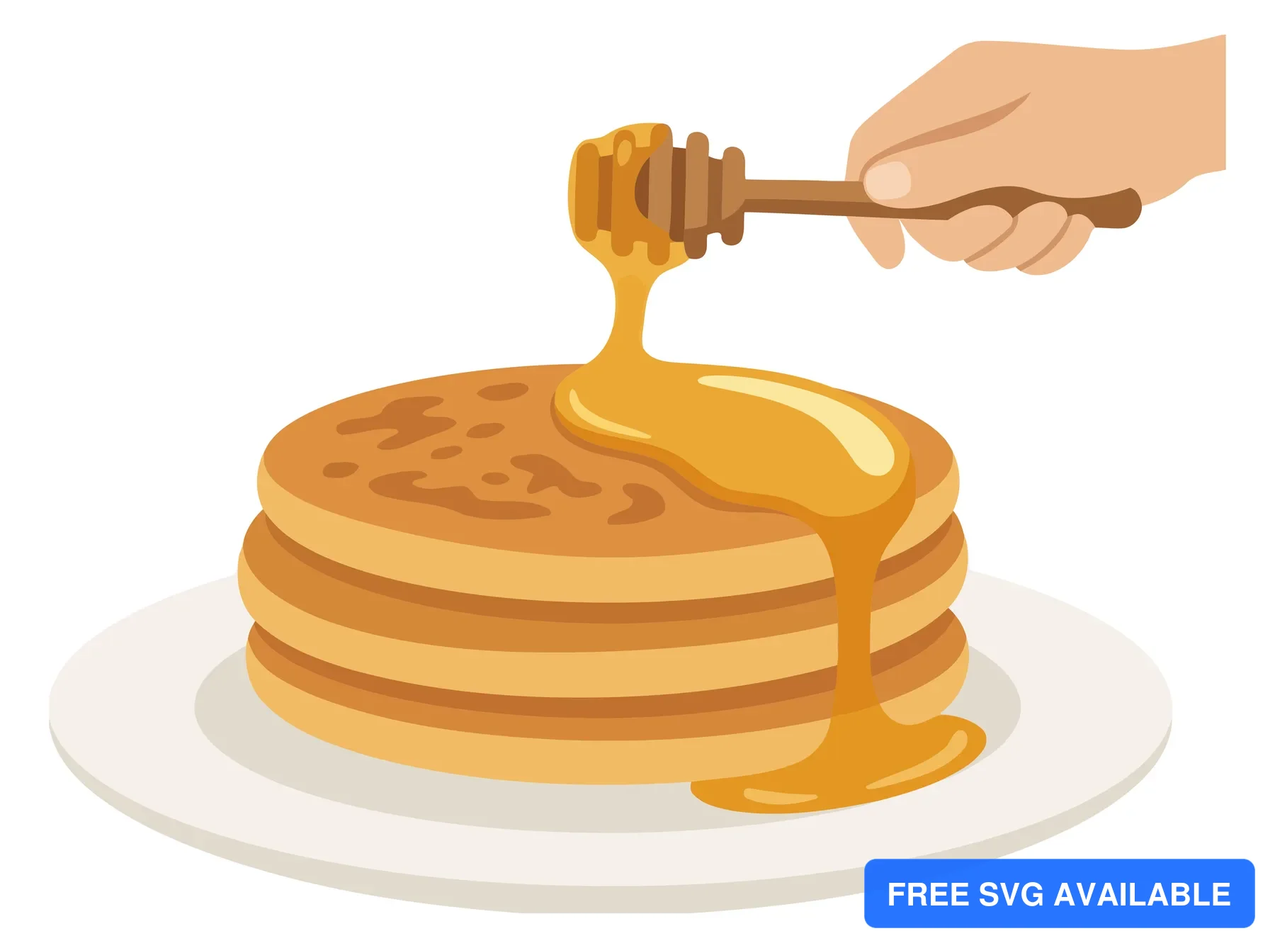 A hand drizzling honey over a stack of pancakes in an illustration