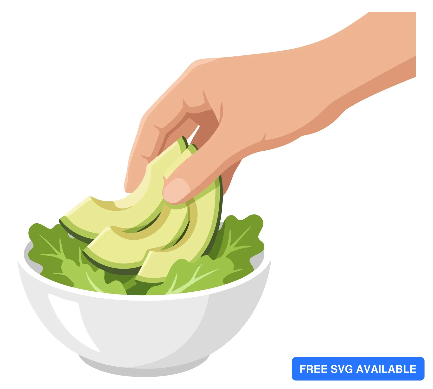 A hand adds avocado slices to a bowl of lettuce leaves