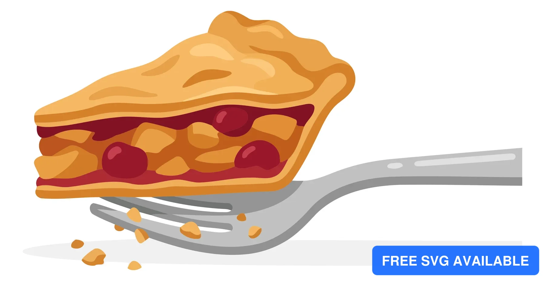 A stylized illustration of a slice of cherry pie with a fork and crumbs around it