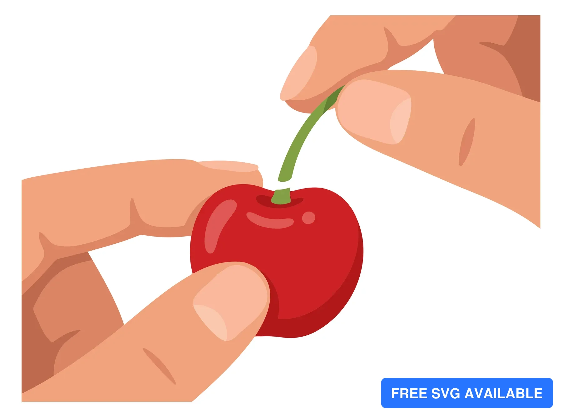 A hand holding a single red cherry with a green stem in a simple vector illustration