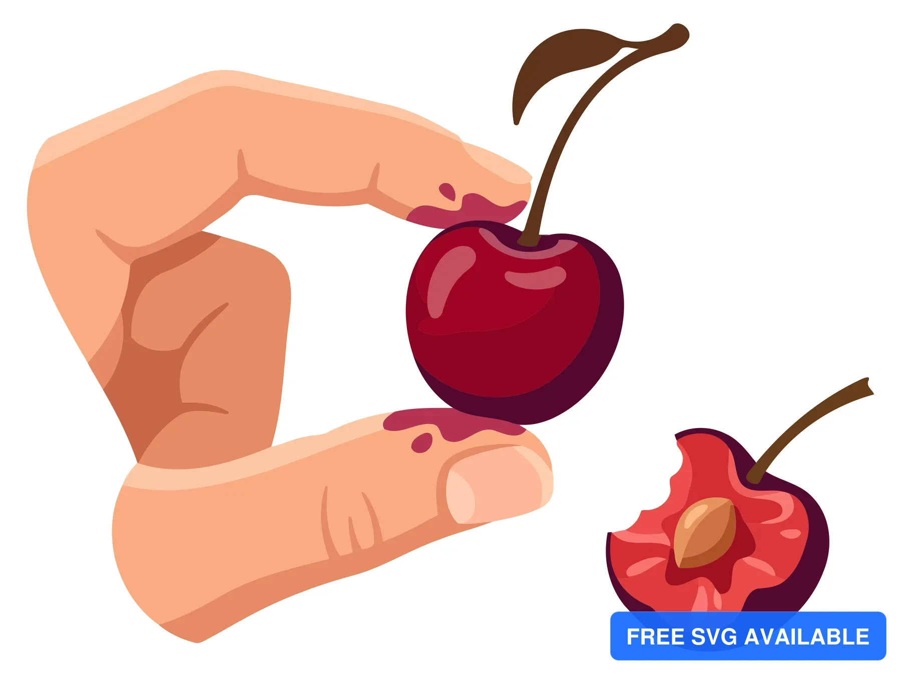 A hand holding and cutting a cherry fruit illustration