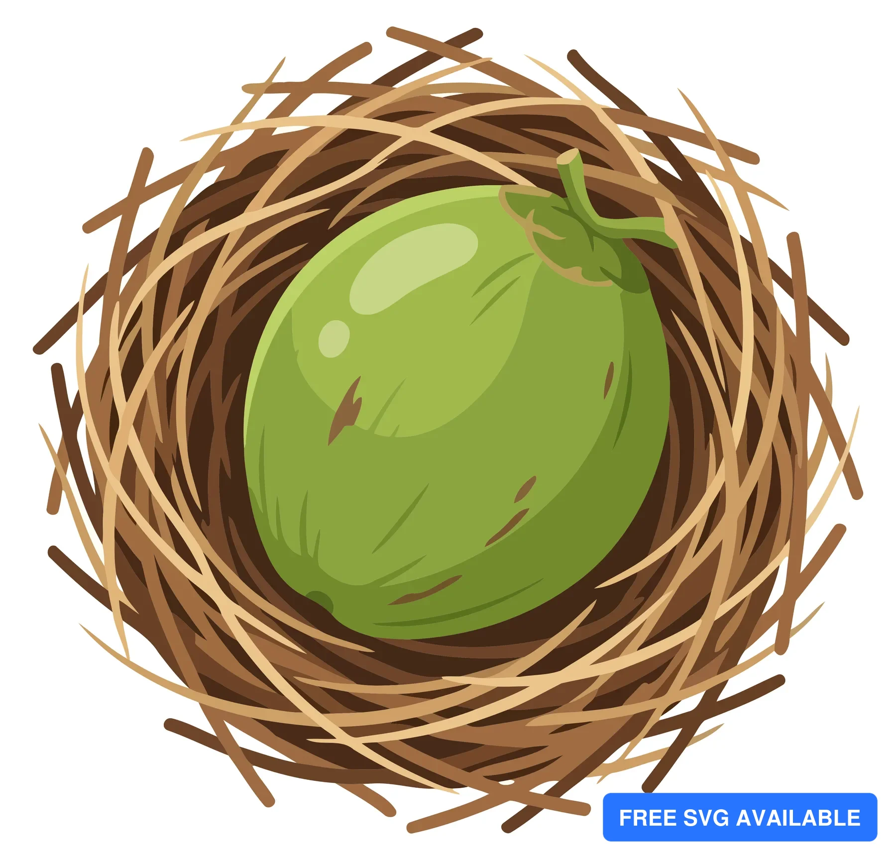 A bird's nest with a green fruit inside, illustrated in a clean, stylized vector design.