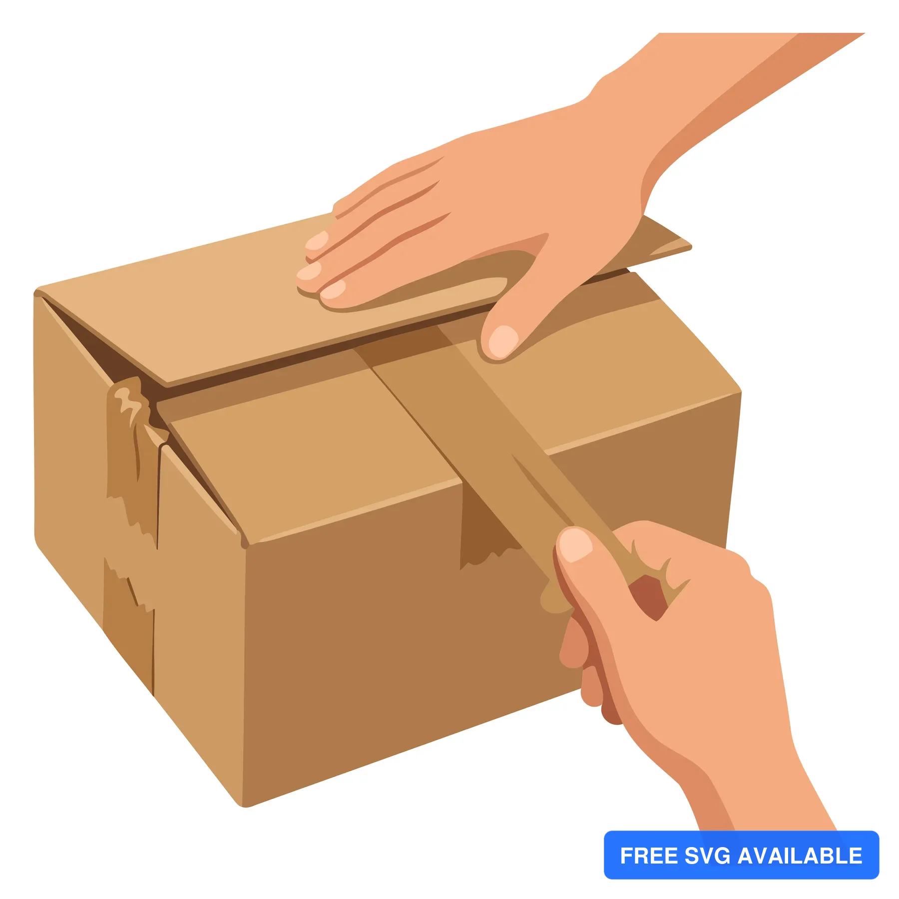 Two hands cutting tape on an open cardboard box