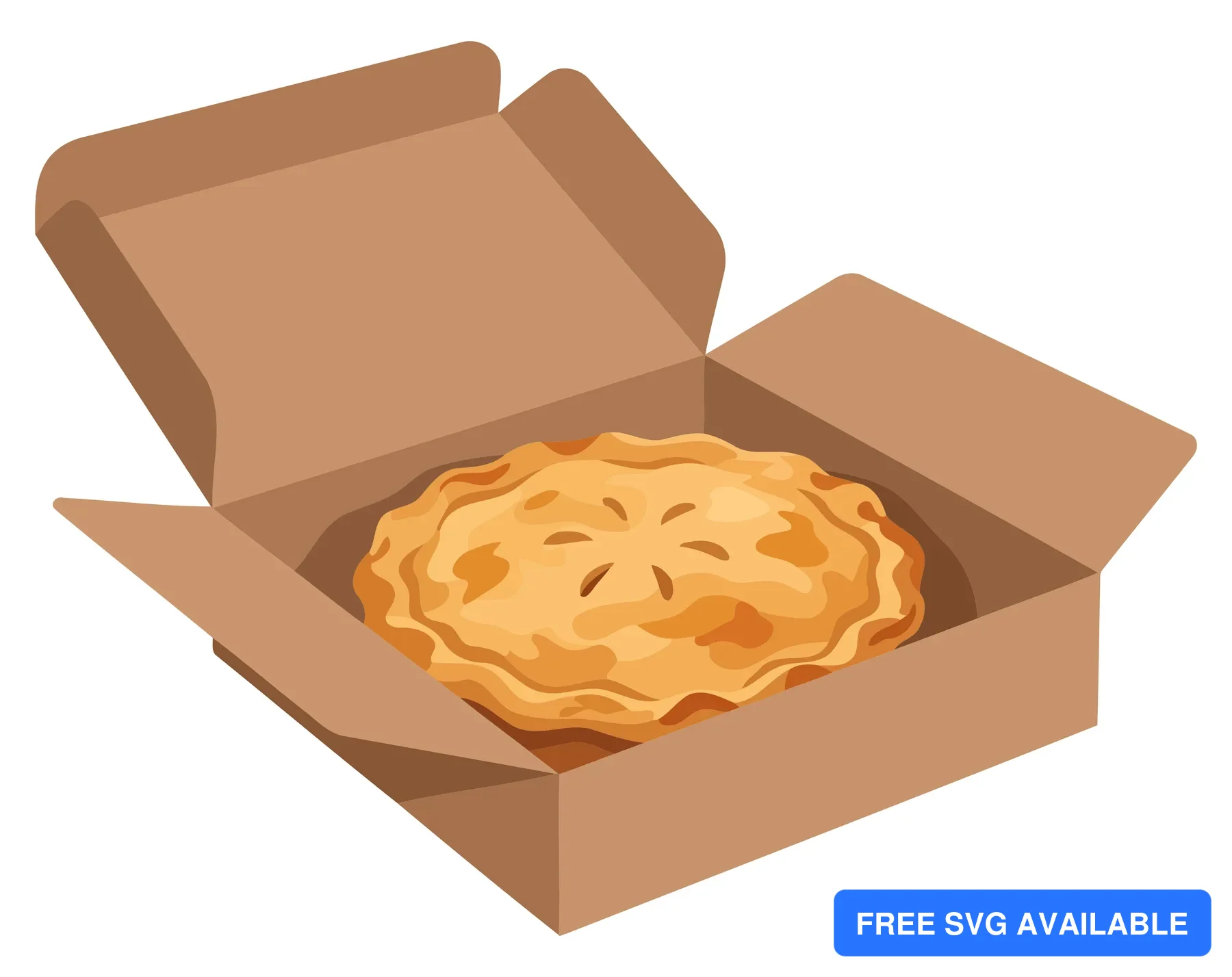 A golden pie with flaky crust in an open cardboard box