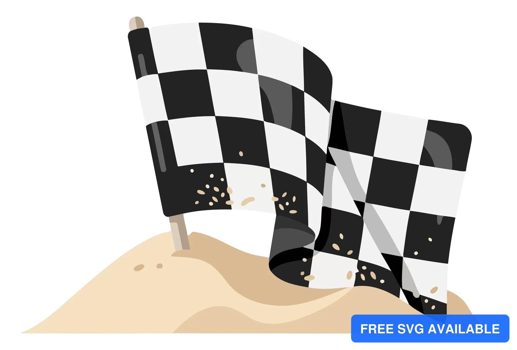 A checkered racing flag waving in a desert landscape with black and white squares.