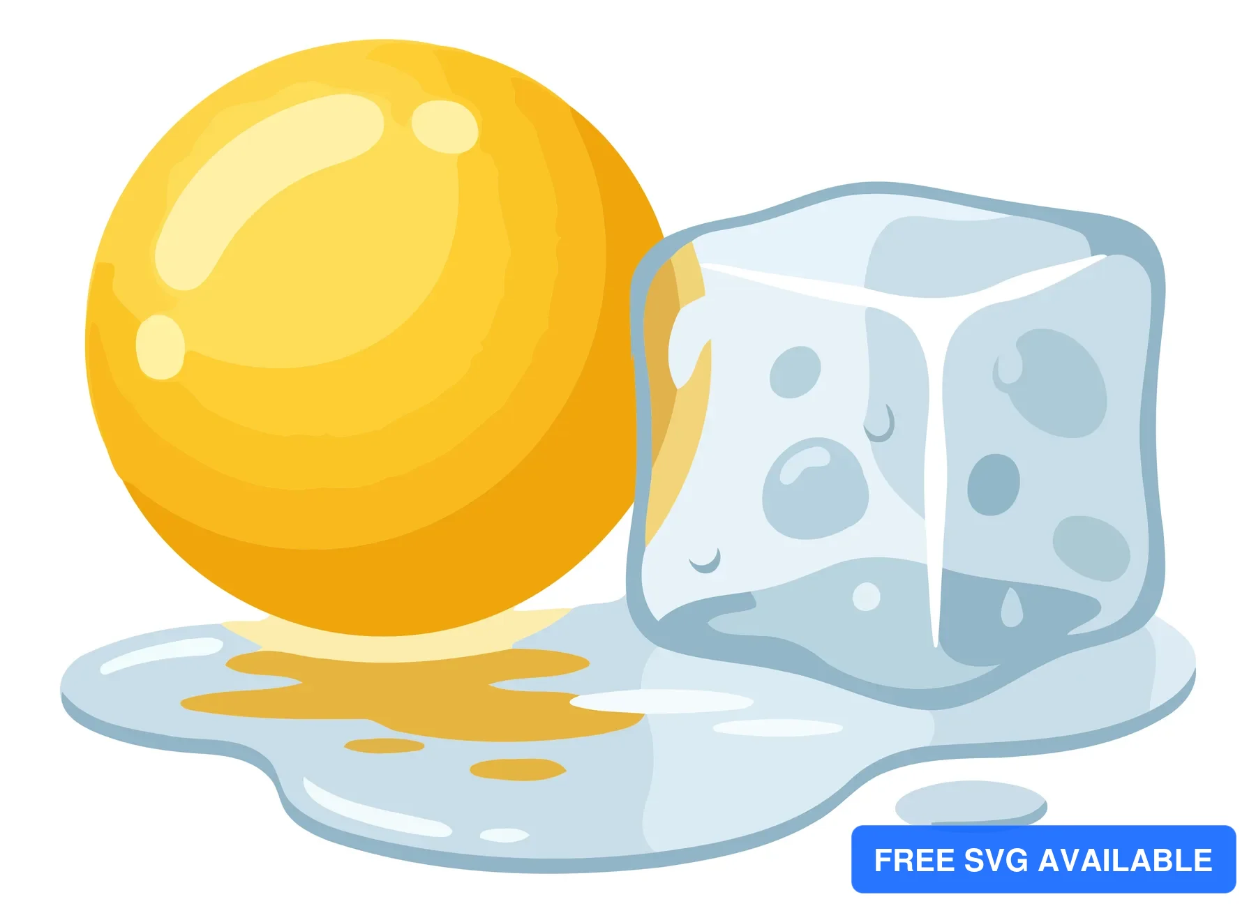 A bright orange fruit melting onto an ice cube with water droplets in an abstract illustration