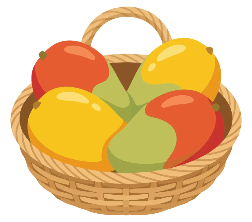 a basket filled with fresh, juicy mangoes isolated on white background