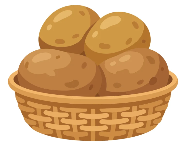 a basket filled with fresh raw potatoes, a simple and rustic illustration of harvested root vegetables, perfect for culinary themes, farmtot