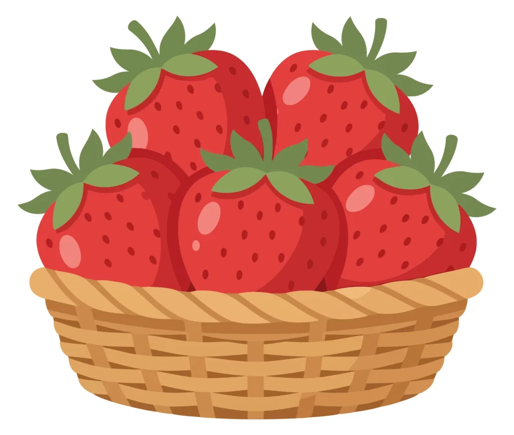 a basket full of fresh, ripe, red strawberries with green leaves, illustrated in a vibrant cartoon style, perfect for food, summer, and heal
