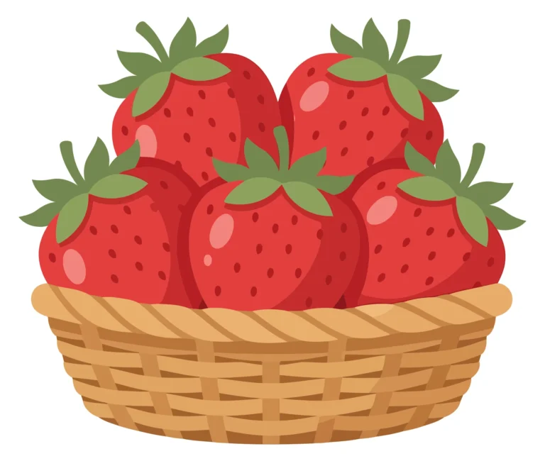 a basket full of fresh, ripe, red strawberries with green leaves, illustrated in a vibrant cartoon style, perfect for food, summer, and heal