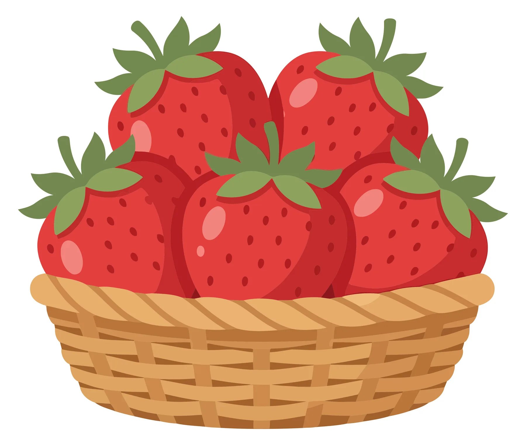 a basket full of fresh, ripe, red strawberries with green leaves, illustrated in a vibrant cartoon style, perfect for food, summer, and heal