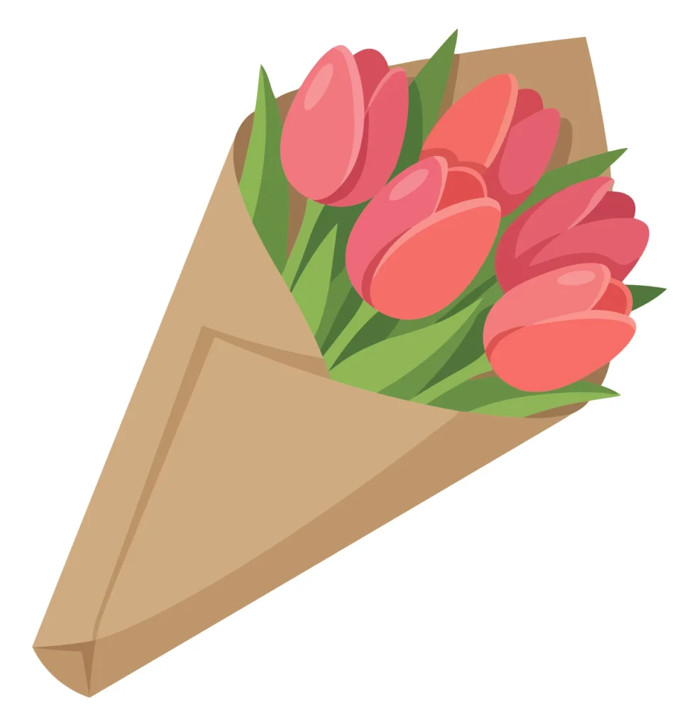 a beautiful bouquet of fresh pink tulips wrapped in brown craft paper, a simple and elegant floral arrangement for gifting or decoration, ve