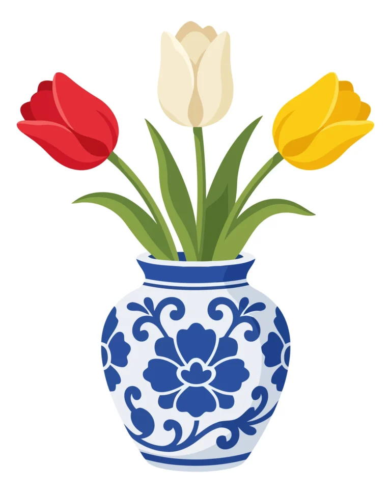a beautiful bouquet of three colorful tulips in red, white, and yellow, arranged in an elegant blue and white porcelain vase, isolated on wh