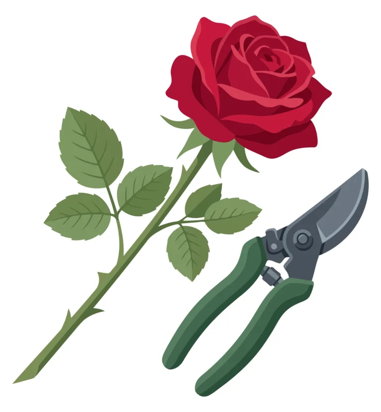 a beautiful red rose with green leaves and a pair of sharp garden pruning shears isolated on white background
