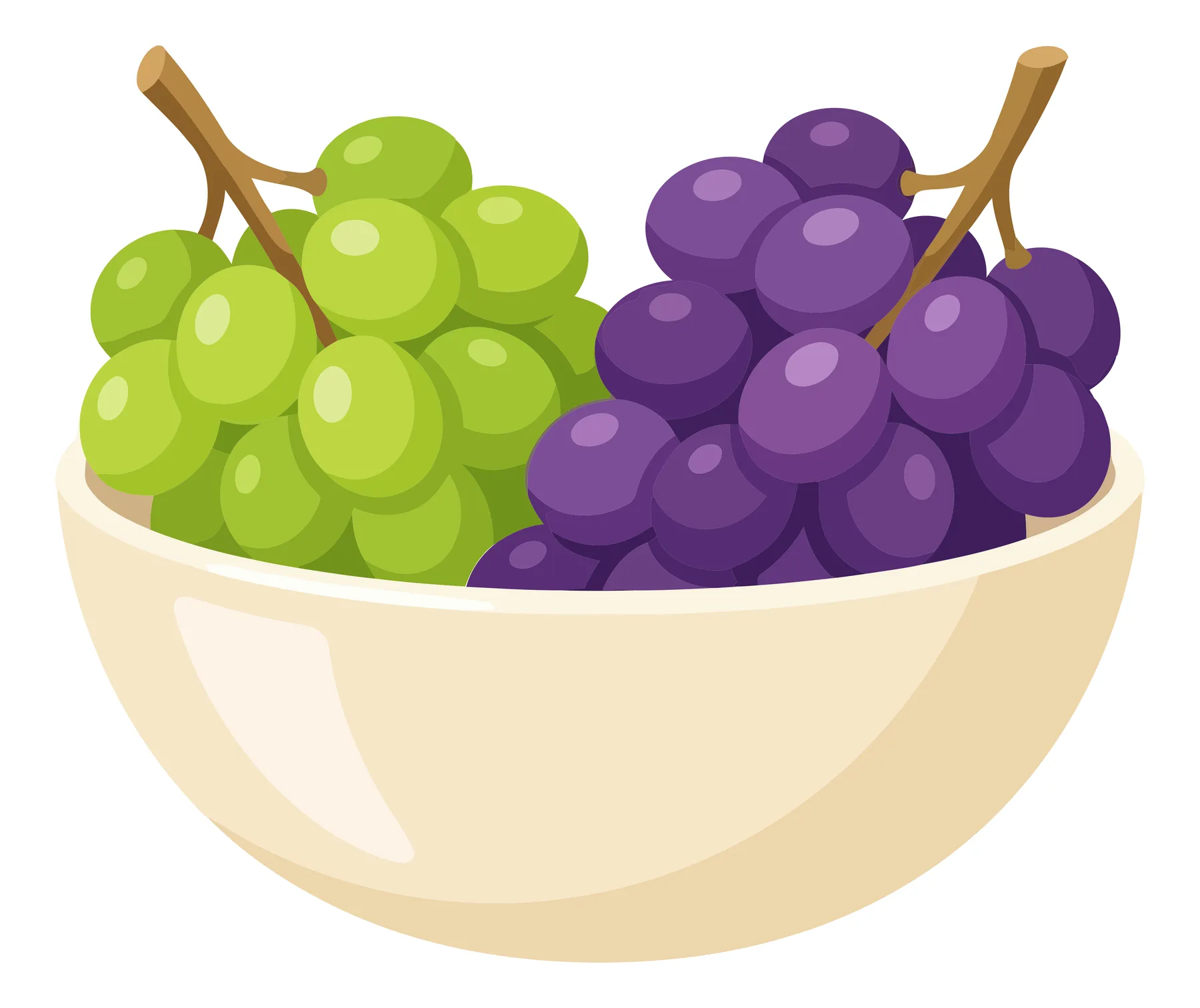 a bowl filled with fresh green and purple grapes, showcasing a healthy fruit snack arrangement isolated on white background