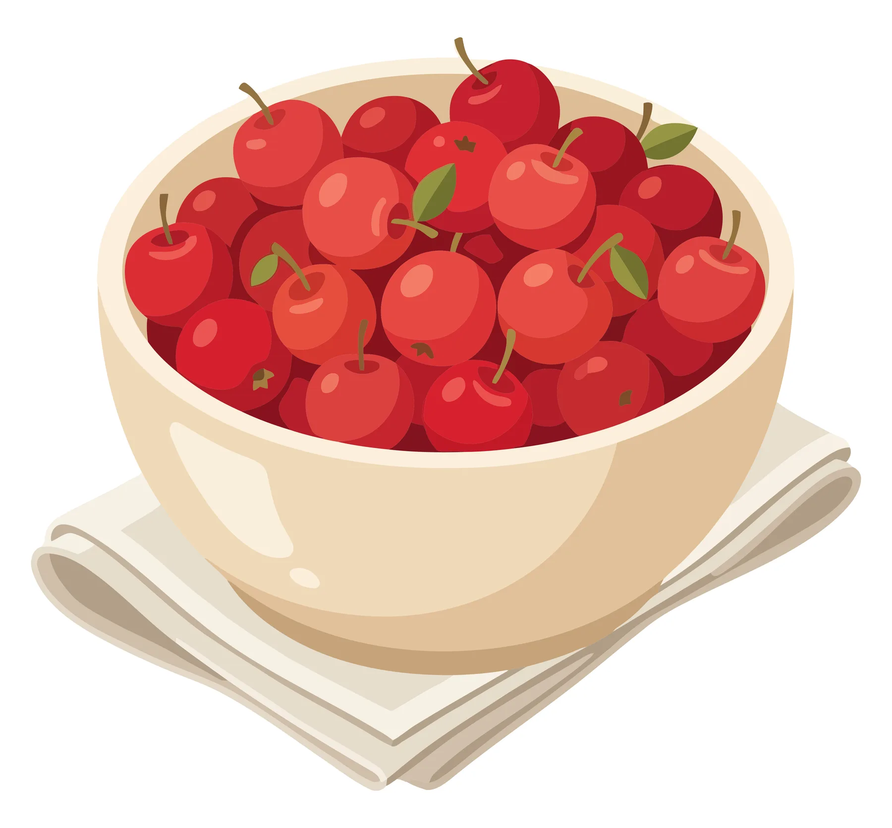 a bowl filled with fresh red cherries sitting on a folded white napkin