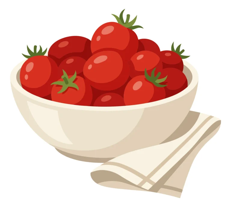 a bowl filled with fresh red cherry tomatoes, presented in a clean, simple illustration style, perfect for culinary designs, healthy eating
