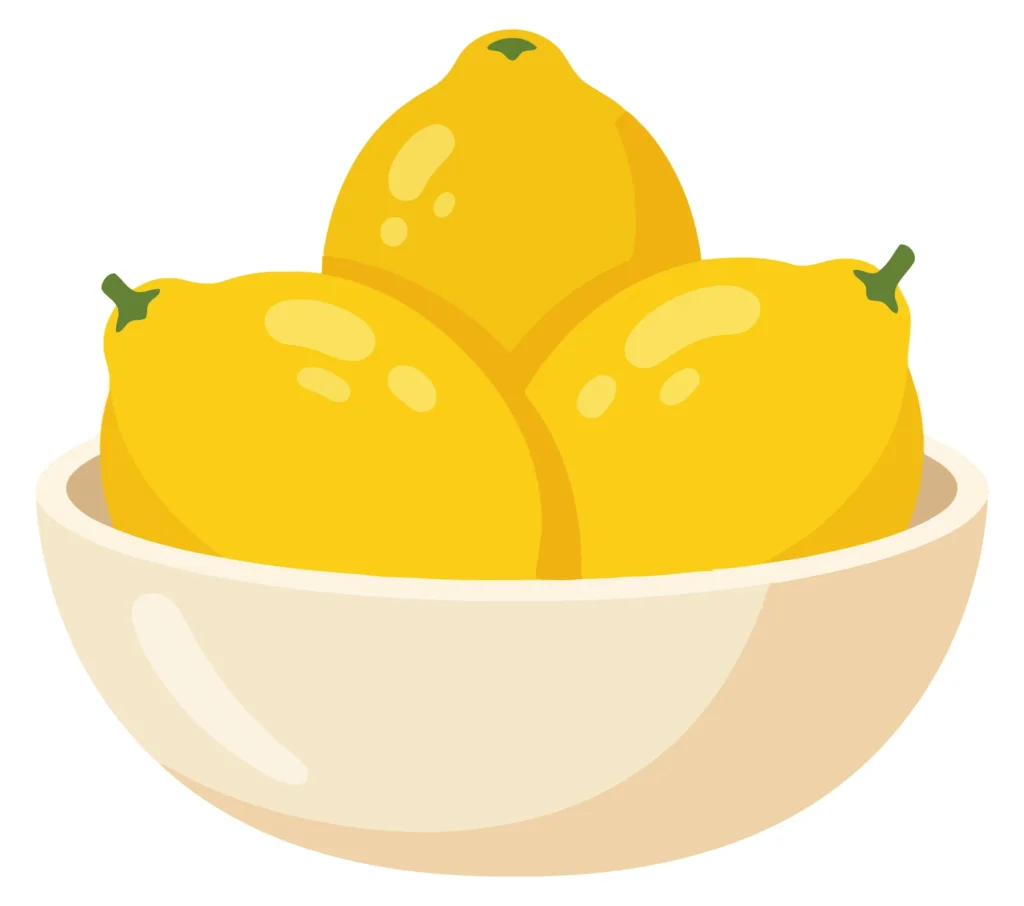 a bowl filled with fresh yellow lemons, simple vector illustration of citrus fruit in a ceramic dish