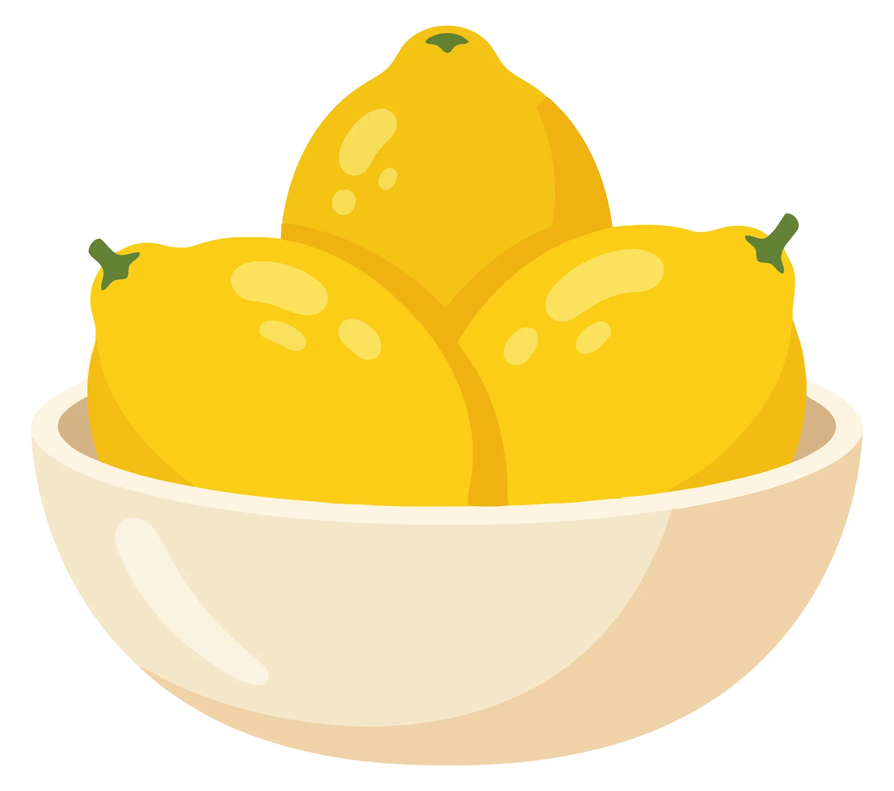 a bowl filled with fresh yellow lemons, simple vector illustration of citrus fruit in a ceramic dish