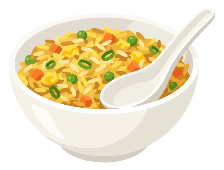 a bowl of delicious fried rice with vegetables, eggs, and green onions, served with a white ceramic spoon, vector illustration