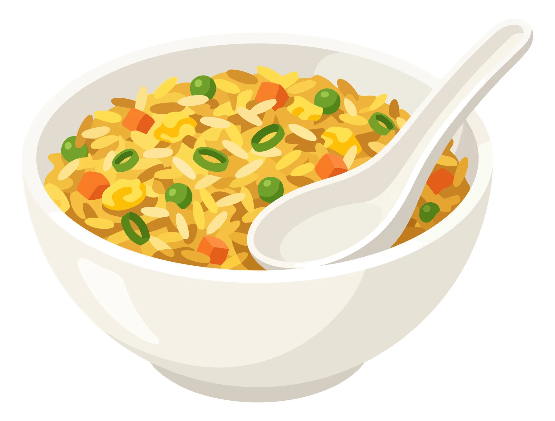 a bowl of delicious fried rice with vegetables, eggs, and green onions, served with a white ceramic spoon, vector illustration