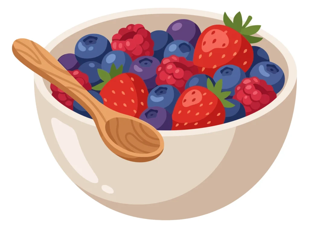 Fresh Mixed Berries in a Bowl with Wooden Spoon a bowl of fresh mixed berries including strawberries, blueberries, and raspberries with a wooden spoon, vector illustration