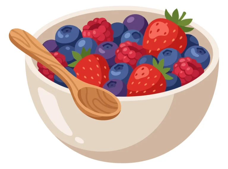 a bowl of fresh mixed berries including strawberries, blueberries, and raspberries with a wooden spoon, vector illustration