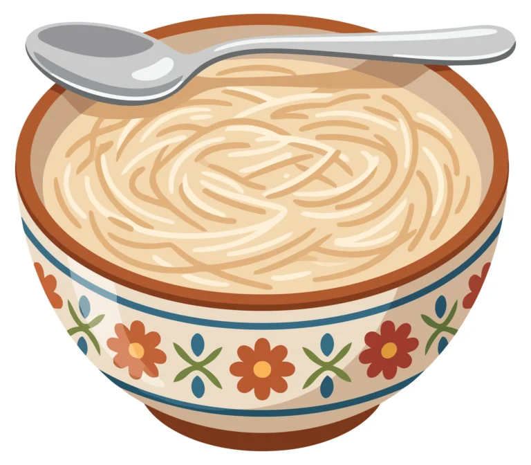 a bowl of noodle soup with a spoon on top, featuring a decorative floral pattern on the ceramic bowl, presented as a digital illustration