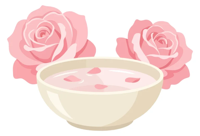 a bowl of rose water or milk bath with floating rose petals, accompanied by two beautiful pink roses, representing spa, wellness, beauty, an