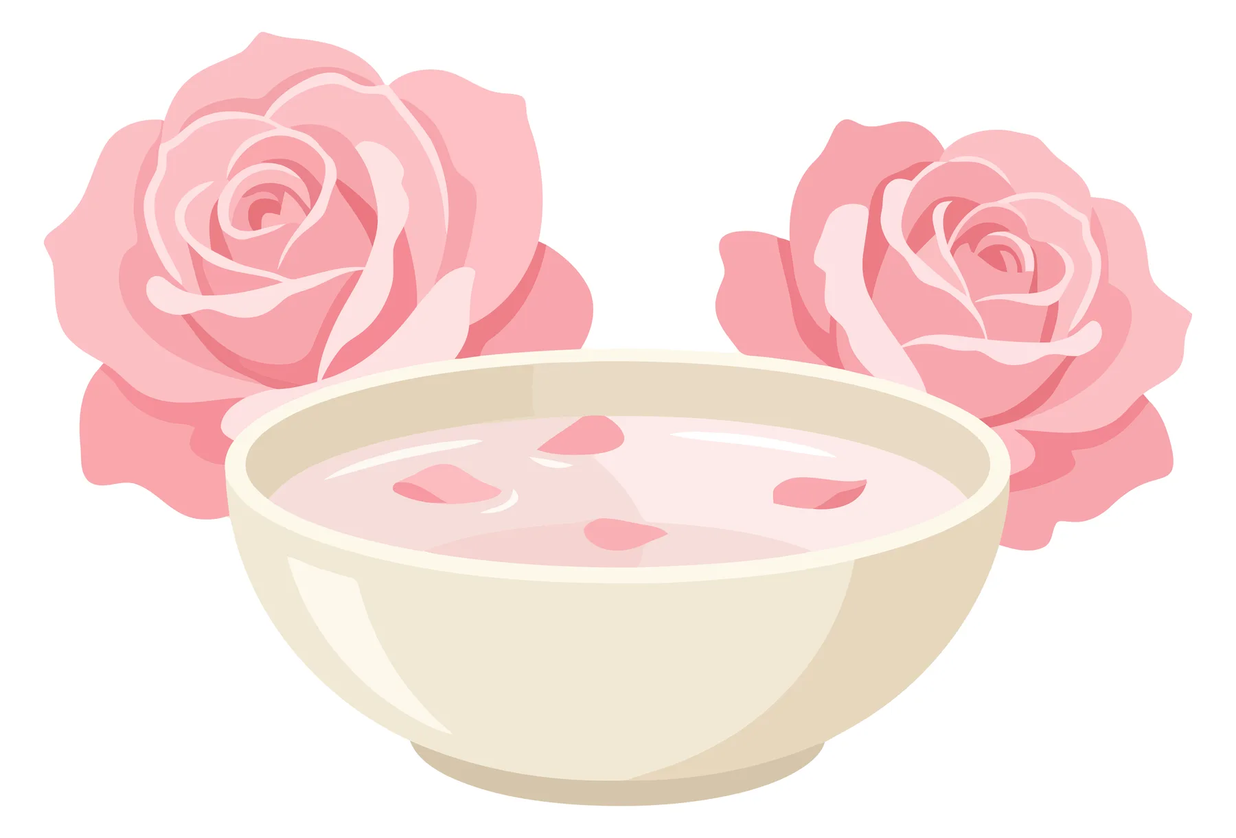 a bowl of rose water or milk bath with floating rose petals, accompanied by two beautiful pink roses, representing spa, wellness, beauty, an