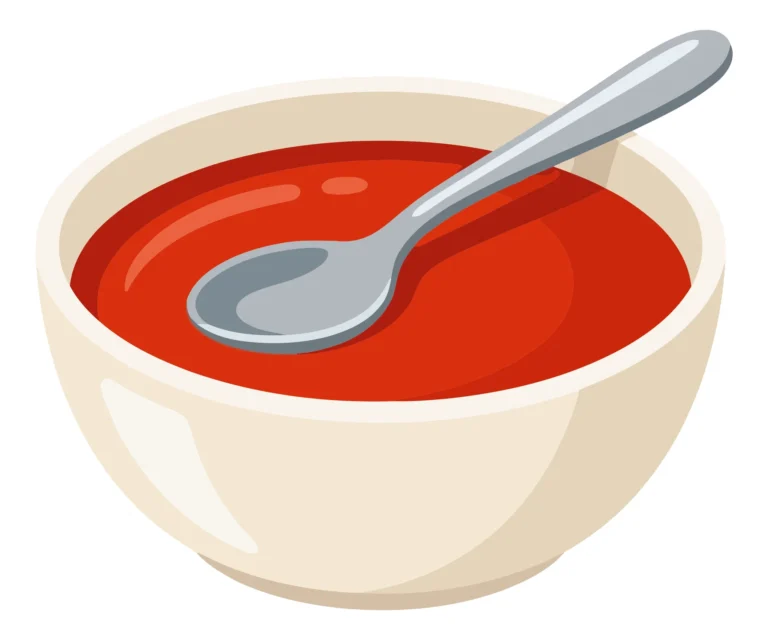a bowl of tomato soup with a silver spoon resting inside, depicted in a clean, flat vector illustration style, perfect for foodrelated desig