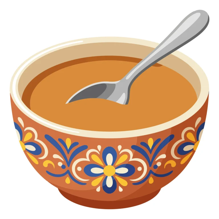 a bowl of warm soup with a silver spoon inside, featuring a decorative traditional pattern on the ceramic exterior, presented in a clean, st