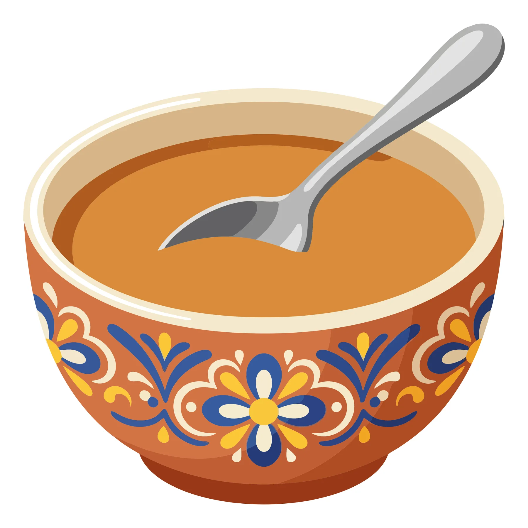 a bowl of warm soup with a silver spoon inside, featuring a decorative traditional pattern on the ceramic exterior, presented in a clean, st