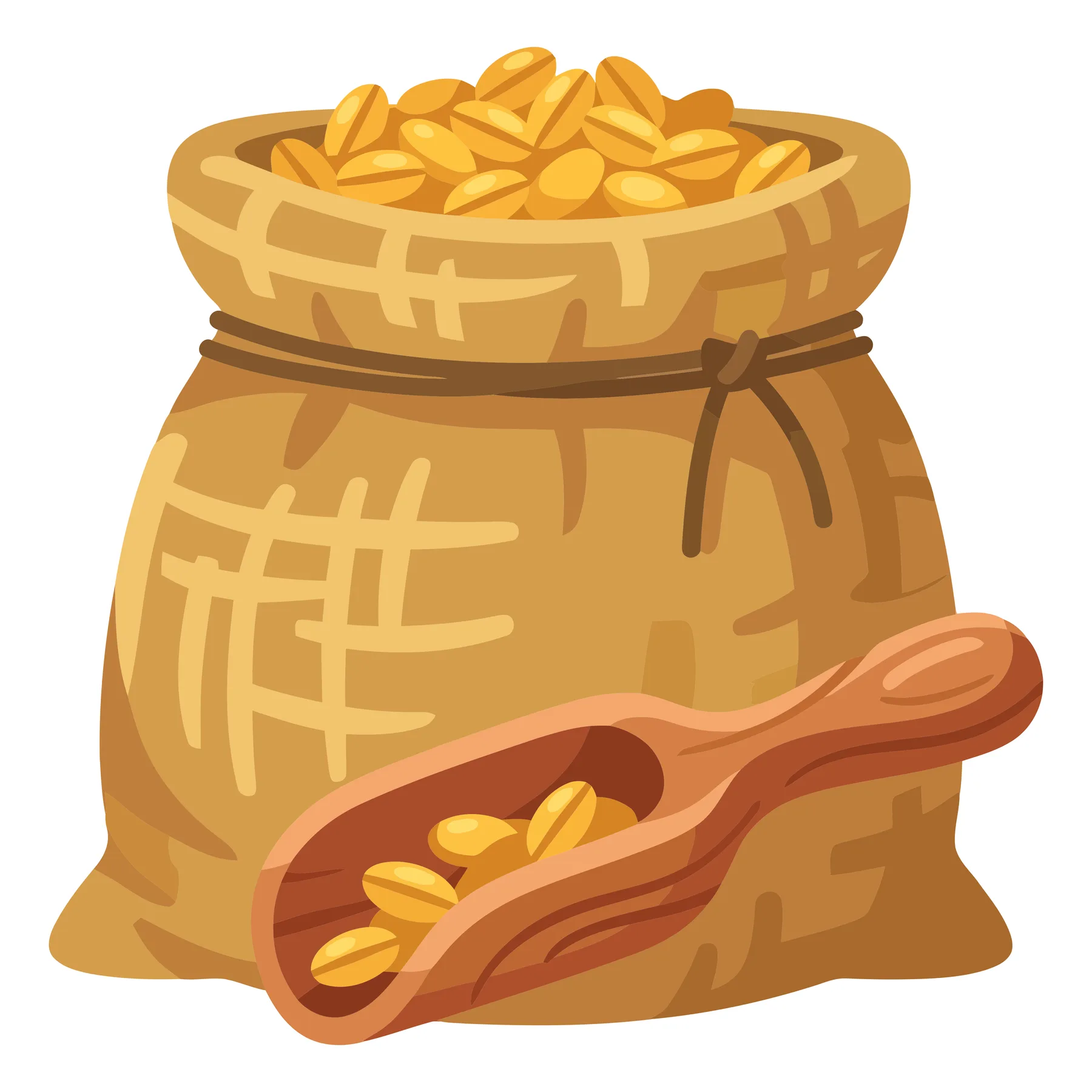 a burlap sack filled with golden wheat grains next to a wooden scoop containing a small portion of seeds, vector illustration isolated on wh
