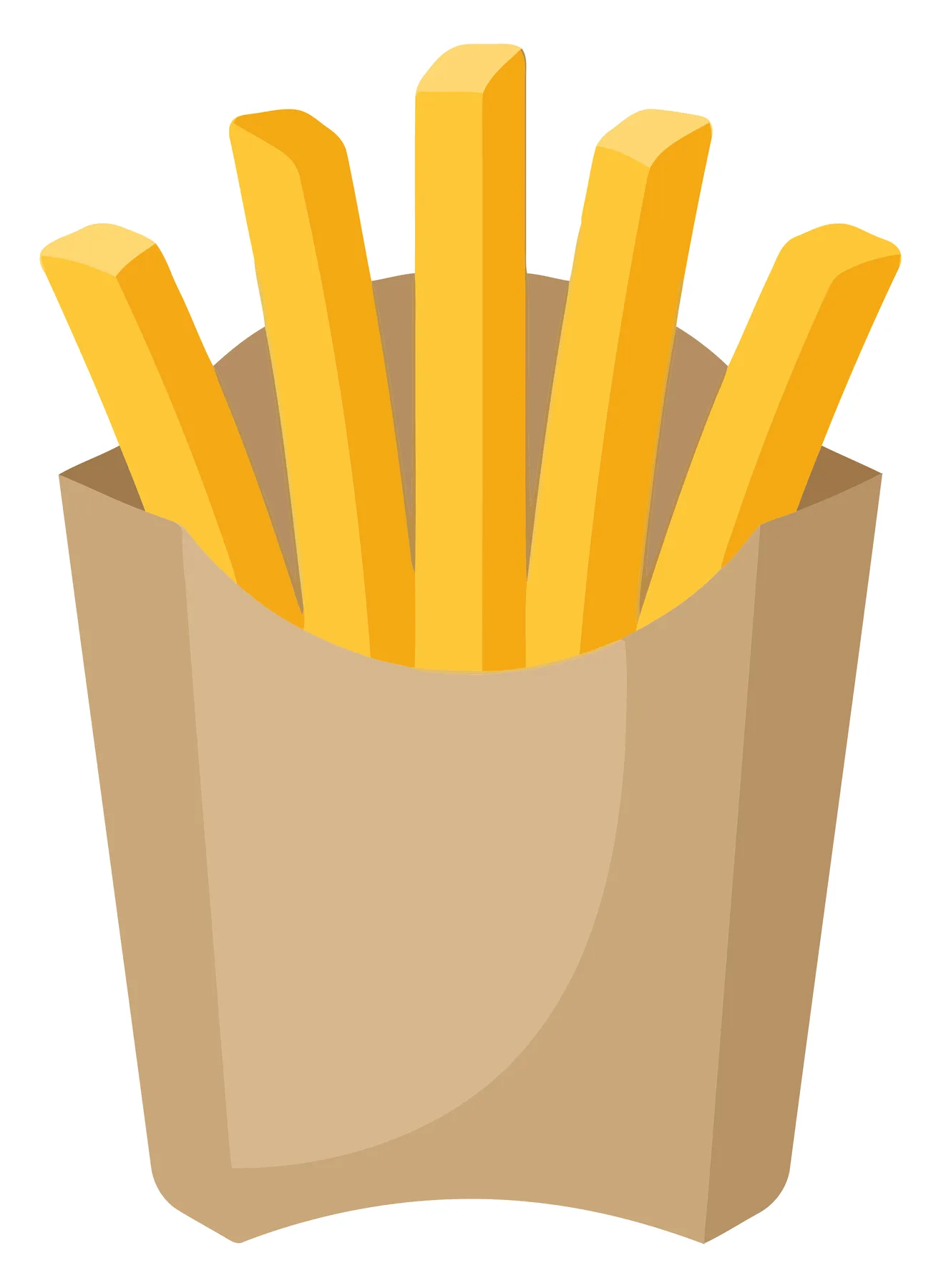 a cartoon illustration of a serving of golden crispy french fries in a simple brown paper container, isolated on white background