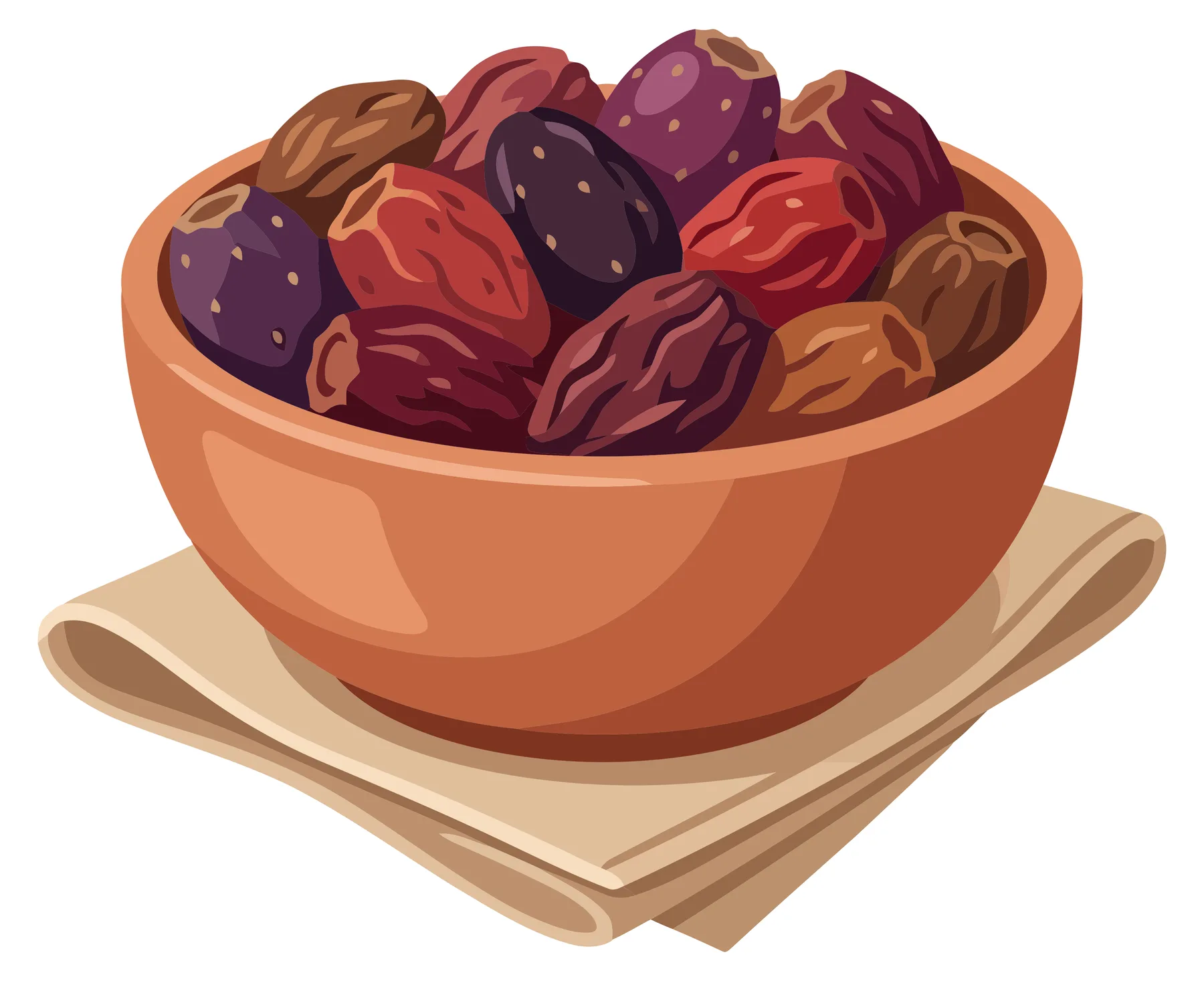 a ceramic bowl filled with a variety of colorful prickly pear cactus fruits, arranged artistically on a folded beige cloth napkin