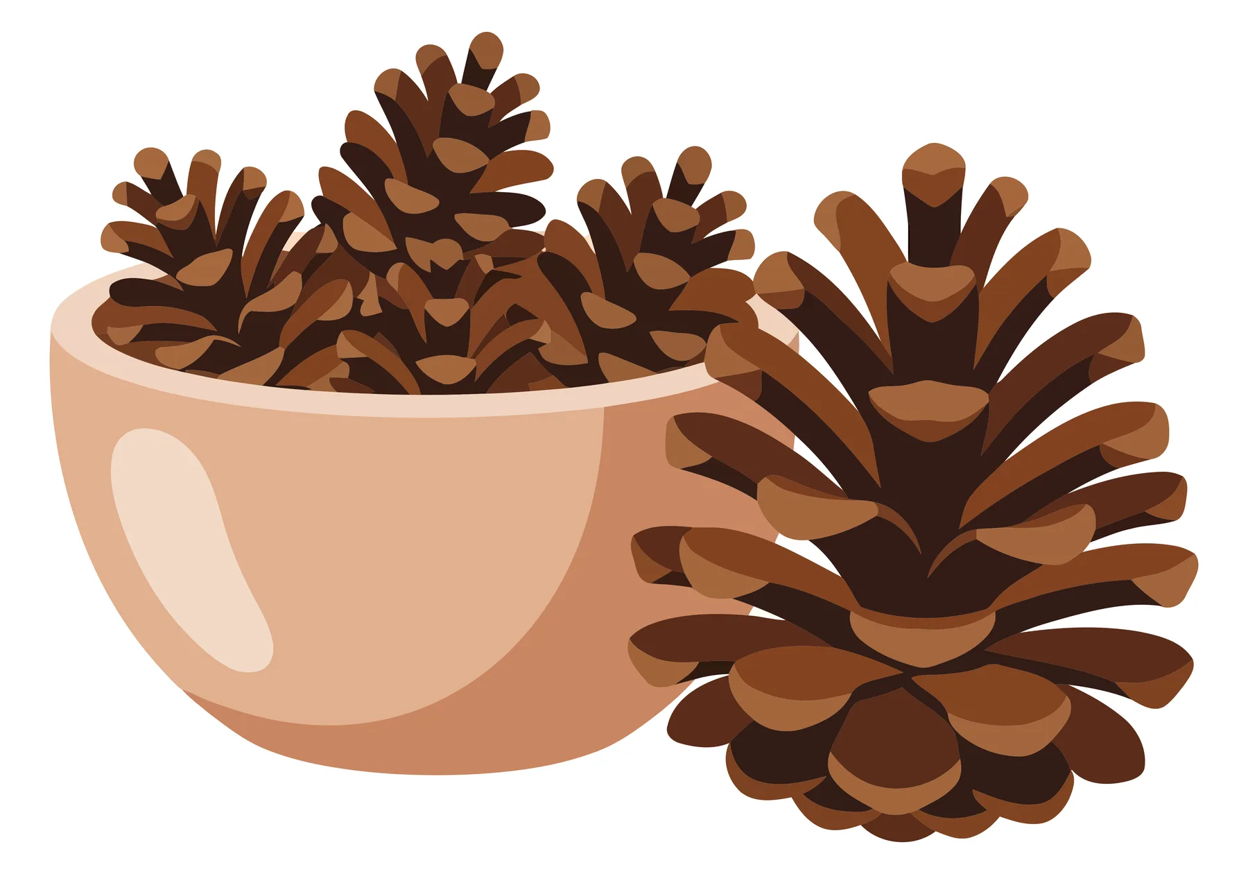 a ceramic bowl filled with natural pine cones next to a large single pine cone, decorative rustic autumn or winter seasonal arrangement, fla