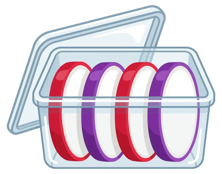 a clear plastic food storage container with an open lid, containing four round, colorful, flat discs arranged in a row, isolated on white ba