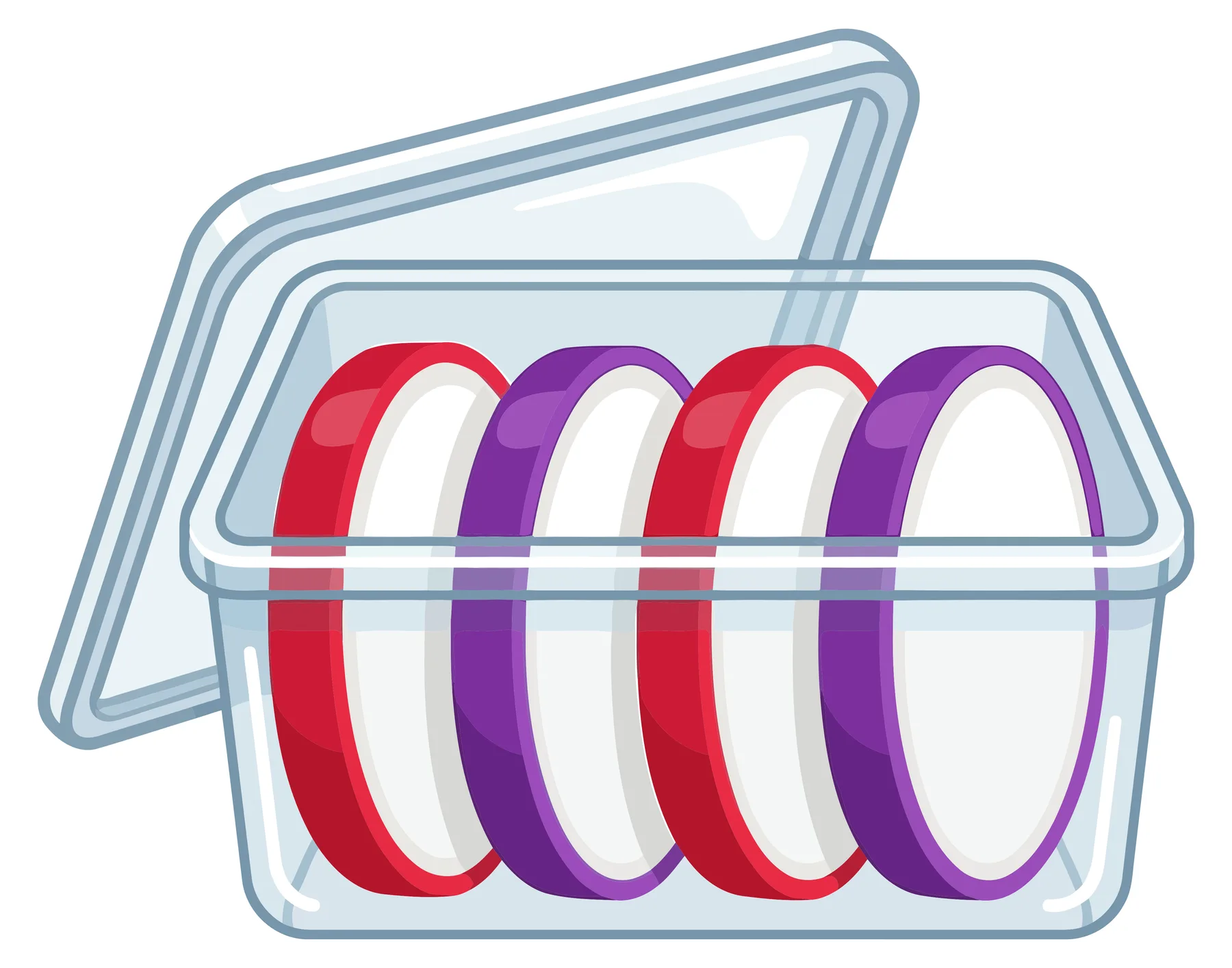 a clear plastic food storage container with an open lid, containing four round, colorful, flat discs arranged in a row, isolated on white ba