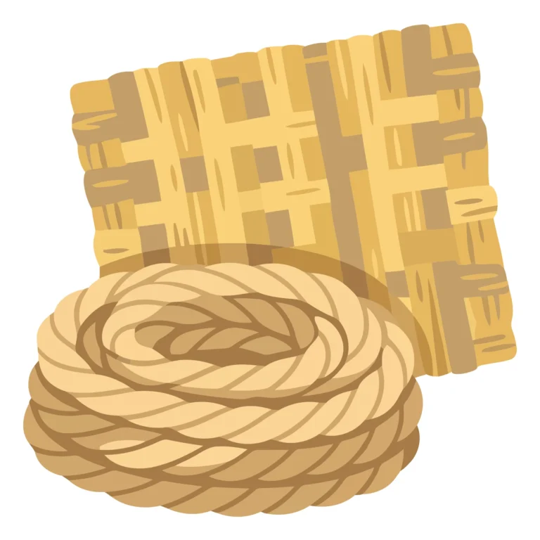a coiled thick rope and a woven mat made of natural straw fibers, rustic textured materials for construction or crafts, isolated on white ba