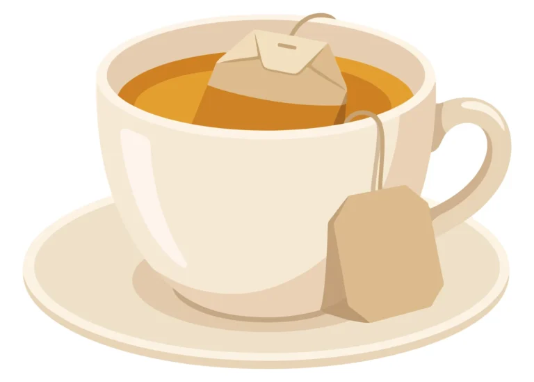 a cup of hot tea with a tea bag inside and a tea tag hanging over the side, served on a saucer, flat vector illustration