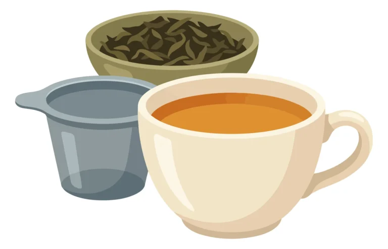 a cup of tea with a bowl of loose tea leaves and a small empty measuring cup, vector illustration of a tea preparation scene