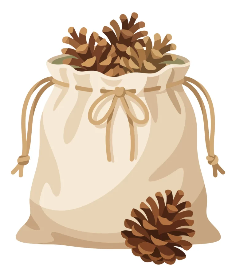 a cute canvas bag filled with pinecones, with one single pinecone lying next to it