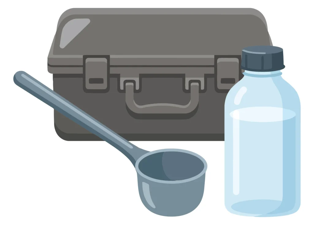 a dark grey plastic toolbox, a matching grey ladle, and a clear plastic water bottle with a black cap, arranged together as a set of househo