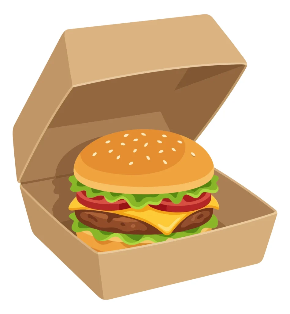 a delicious cheeseburger with lettuce, tomato, and cheese inside an open cardboard takeaway box, vector illustration isolated on white backg