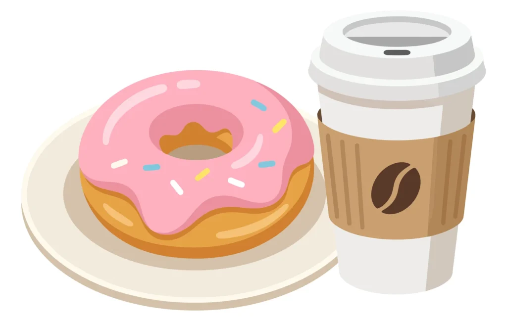 a delicious pink frosted donut with colorful sprinkles served on a white plate alongside a takeaway coffee cup, isolated on white background