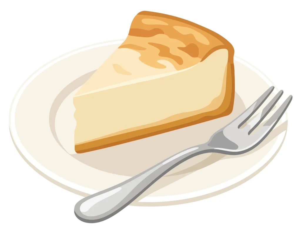 a delicious slice of creamy cheesecake served on a white plate with a silver fork isolated on white background