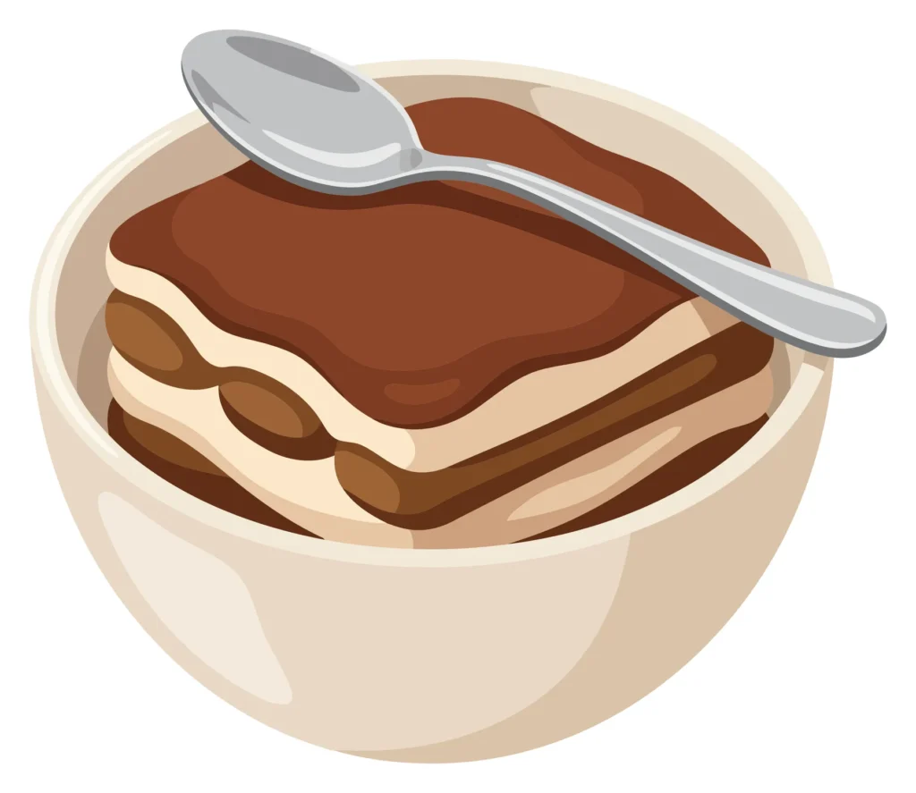 a delicious slice of tiramisu dessert served in a small white bowl with a silver spoon on top, vector illustration of a classic italian coff